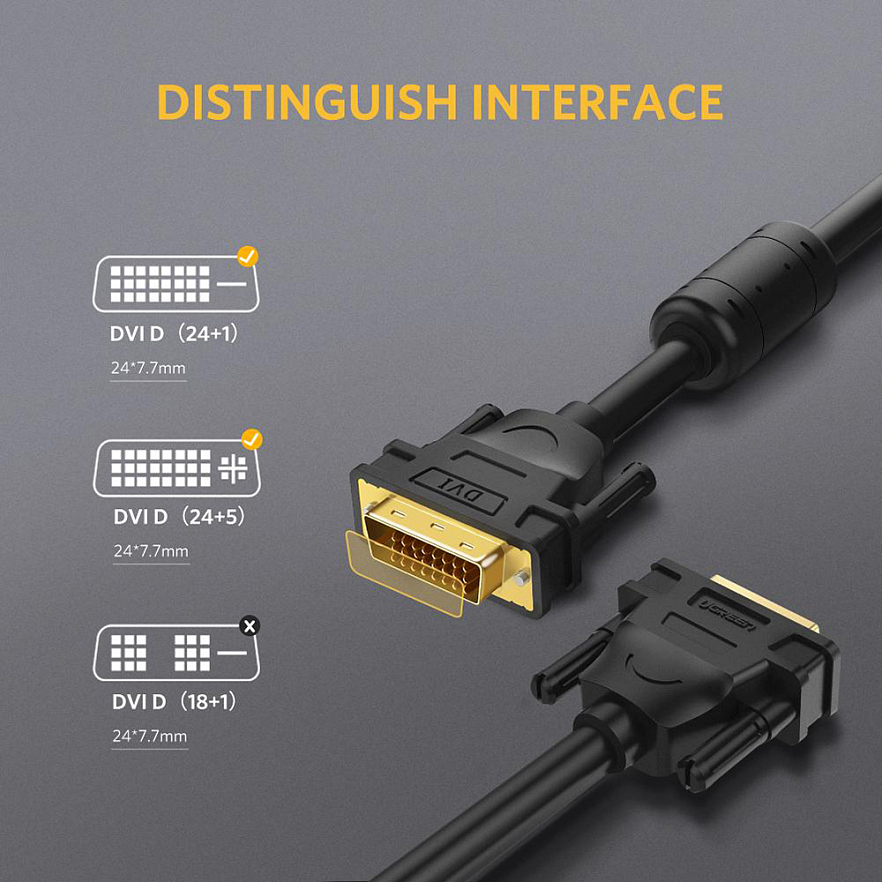 Кабель Ugreen DV101 DVI (24+1 pin) to DVI (24+1 pin) Cable (2 метра) чёрный (11604)