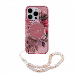 Чехол CG Mobile Guess для iPhone 16 Pro PC/TPU Flowers Hard + Pearl Hand Strap Pink (MagSafe)