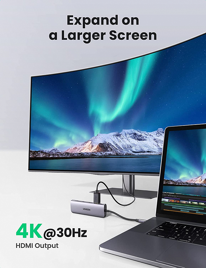 Мульти Хаб Ugreen CM195 (70410) USB-C to 3 Ports USB3.0-A Hub + HDMI + TF/SD Серый космос