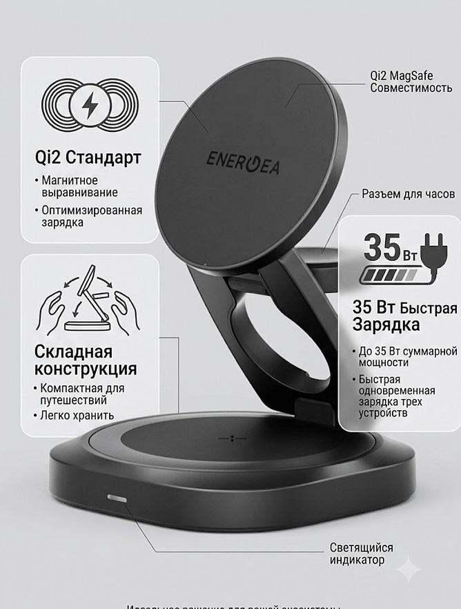 Подставка складная зарядная EnergEA  3-в-1 Alumag Gyro 25W Gunmetal