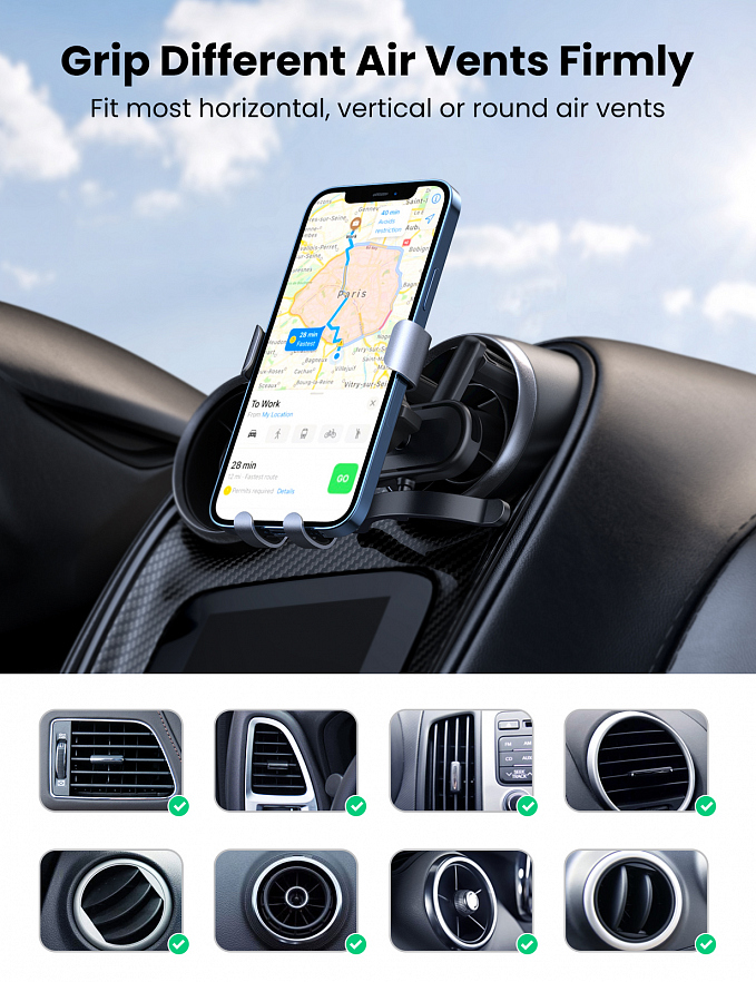 Автомобильный держатель Ugreen LP274 (30401) Gravity Phone Holder for Round Air Vent в воздуховод серый