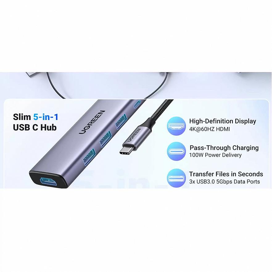 Мульти Хаб Ugreen CM511 USB Type-C to HDMI / 3 x USB 3.0 / USB-Type-C (PD) серый (15597)