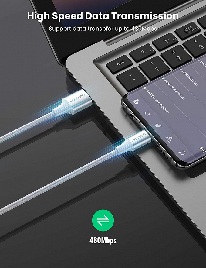Кабель UGREEN US288 (60133) USB-A 2.0 to USB-C Cable Nickel Plating Aluminum Nylon Braid (2 метра) серебристый/белый