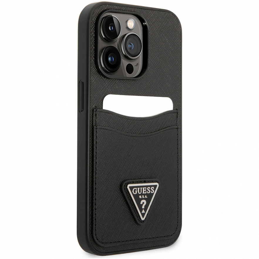 Чехол CG Mobile Guess PU Saffiano Double Cardslot w Metal Triangle Logo Hard для iPhone 14 Pro чёрный