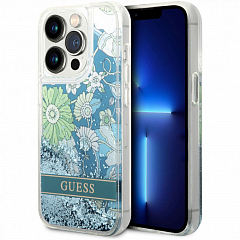 Чехол CG Mobile Guess Liquid Glitter Flower Hard для iPhone 14 Pro зелёный