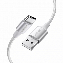 Кабель Ugreen US288 USB-A 2.0 to USB-C Cable Nickel Plating Aluminum Nylon Braid (0,25 метра) серебристый / белый (60129)