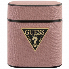 Чехол Guess Saffiano PU Leather Case Metal Logo для AirPods розовый