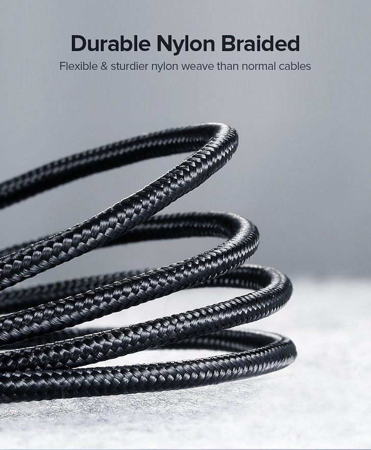 Кабель UGREEN US288 (60408) USB-A 2.0 to USB-C Cable Nickel Plating Aluminum Nylon Braid (3 метра) чёрный/серый космос