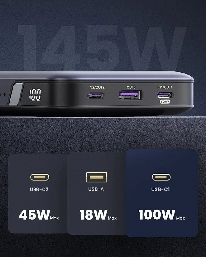 Внешний аккумулятор UGREEN PB205 (90597A) PD 145W Power Bank 25000 мАч тёмно-синий (Abyss Blue)