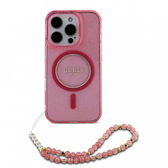 Чехол CG Mobile Guess для iPhone 16 Pro PC/TPU Glitter Hard + Pearl Hand Strap Pink (MagSafe)