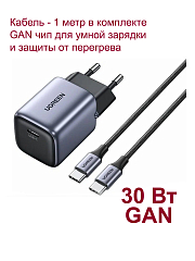 Сетевая зарядка UGREEN CD319 (25257) Mini USB-C 30Вт PD GaN с кабелем 1м