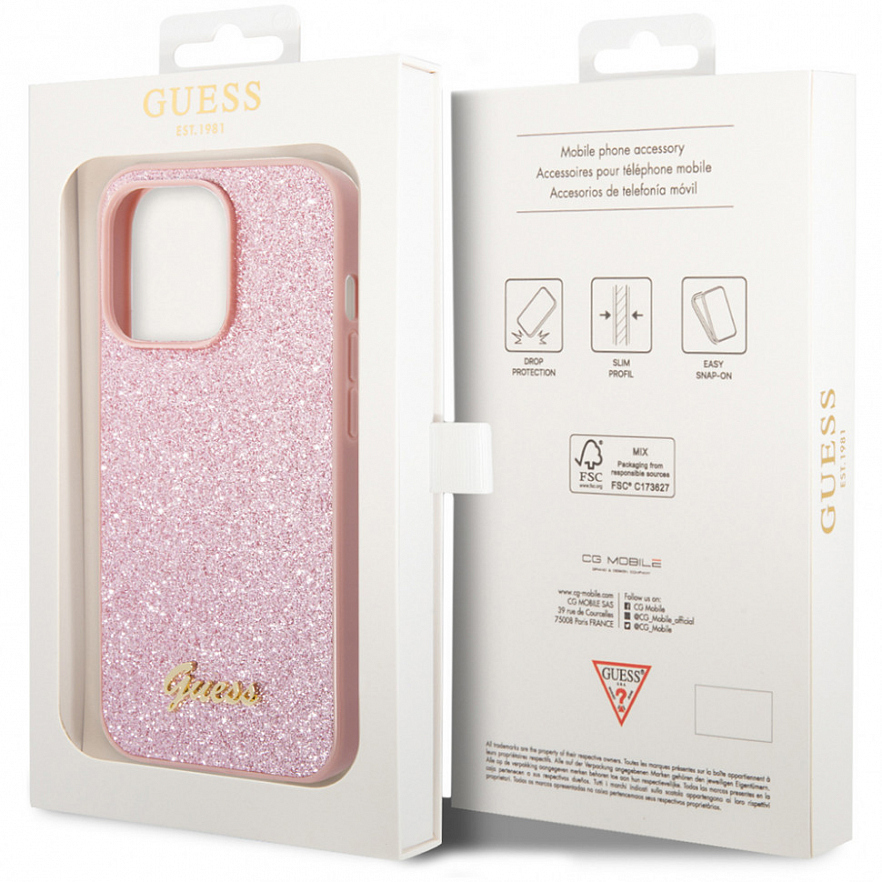 Чехол CG Mobile Guess Glitter Flakes w Metal Logo Hard для iPhone 14 Pro Max розовый