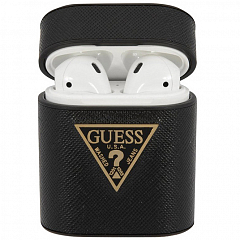 Чехол Guess Saffiano PU Leather Case Metal Logo для AirPods чёрный