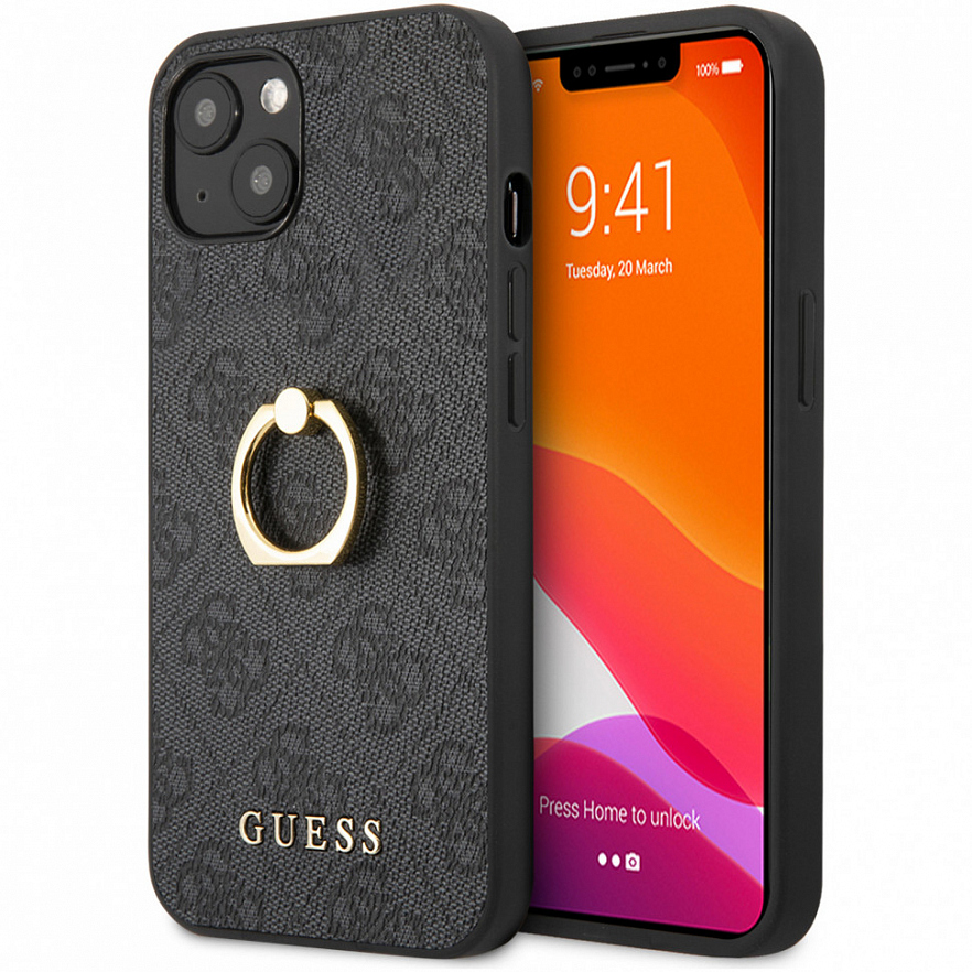 Чехол Guess PU 4G + Ring Hard для iPhone 13 серый (GUHCP13M4GMRGR)