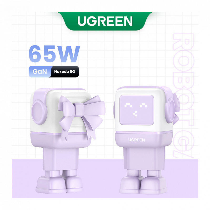 Сетевая зарядка UGREEN CD361 (35291) Robot GaN 65W розовая в виде робота русская вилка