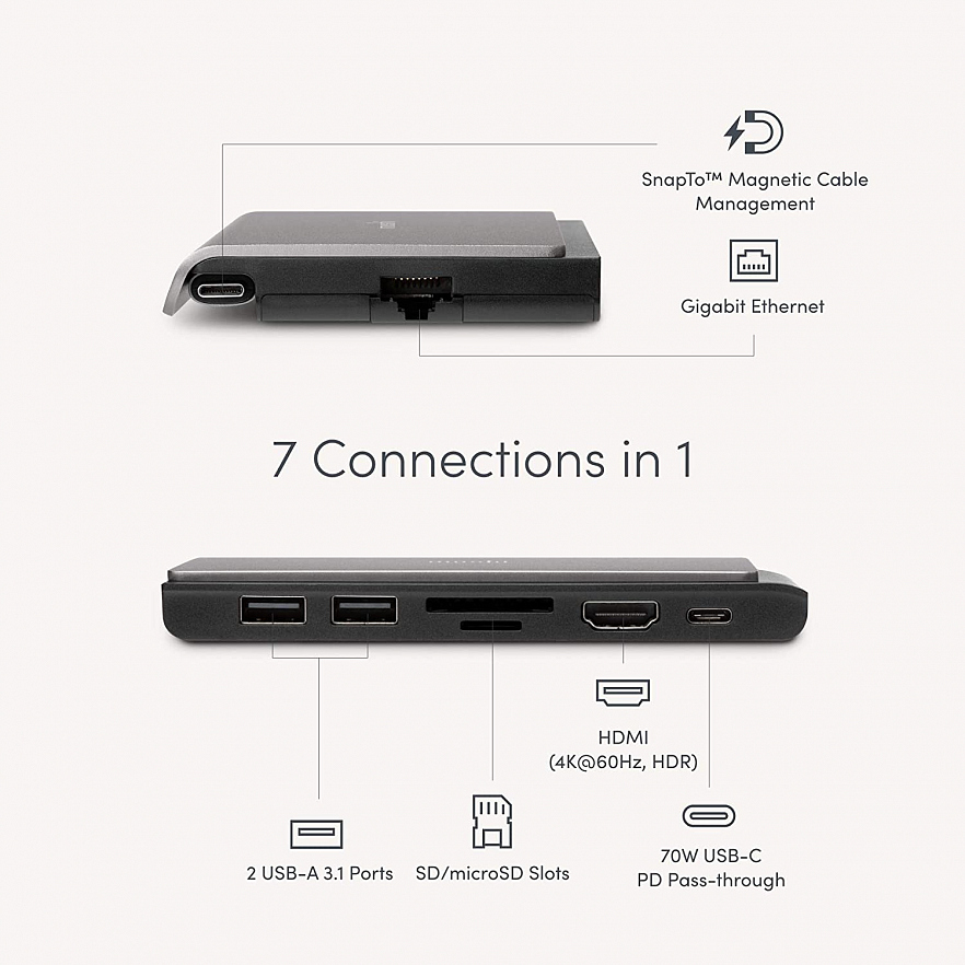 Портативный USB-хаб Moshi Symbus Mini 7-in-1 (USB-C PD, HDMI, USB-A 3.1, Gigabit Ethernet, SD/microSD) серый космос