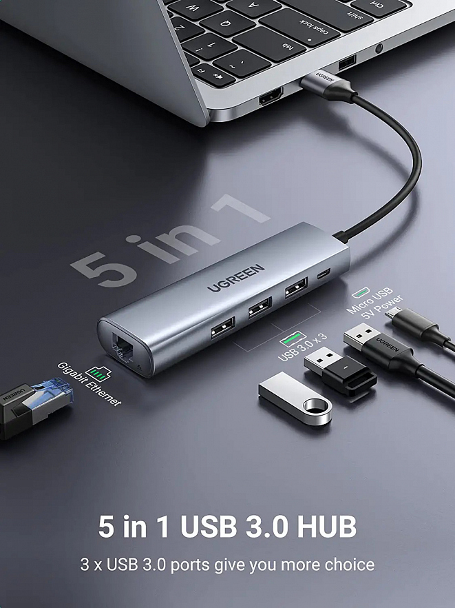 Мульти Хаб UGREEN CM266 (60812) USB 3.0 Multifunction Adapter (3×USB 3.0 Hub+RJ45 Ethernet+micro-USB) серый