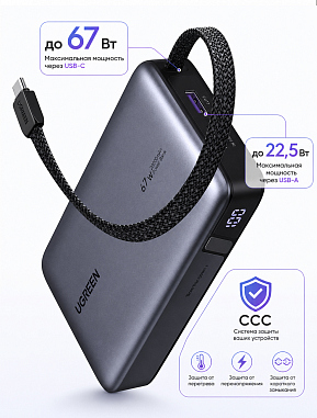 Павербанк UGREEN PB550 (85166B) 67W - 20000mAh с кабелем (CCC)