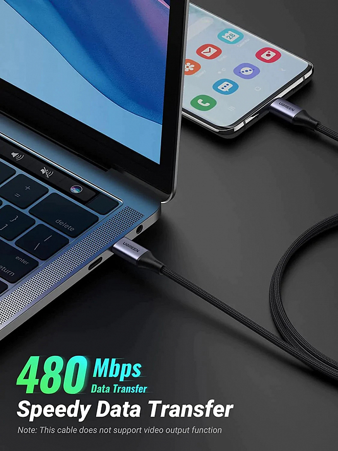 Кабель Ugreen US535 (90440) USB-C to USB-C Cable 240W Aluminum Case With Braid (2 метра) Серый космос