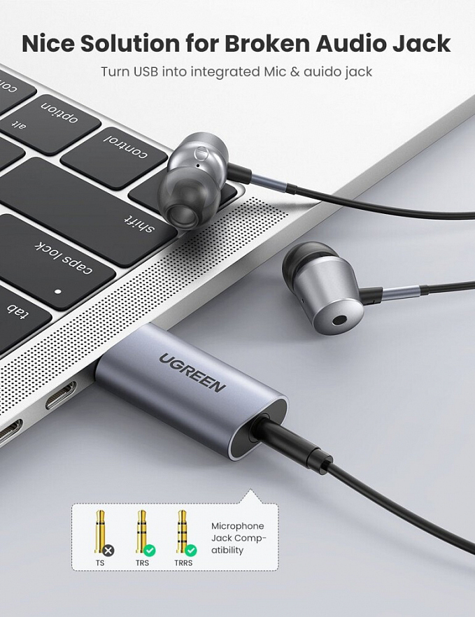 Внешняя звуковая карта UGREEN CM383 (80864) USB 2.0 to 3.5mm Audio Adapter серый