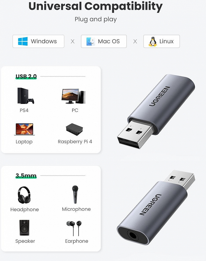 Внешняя звуковая карта UGREEN CM383 (80864) USB 2.0 to 3.5mm Audio Adapter серый