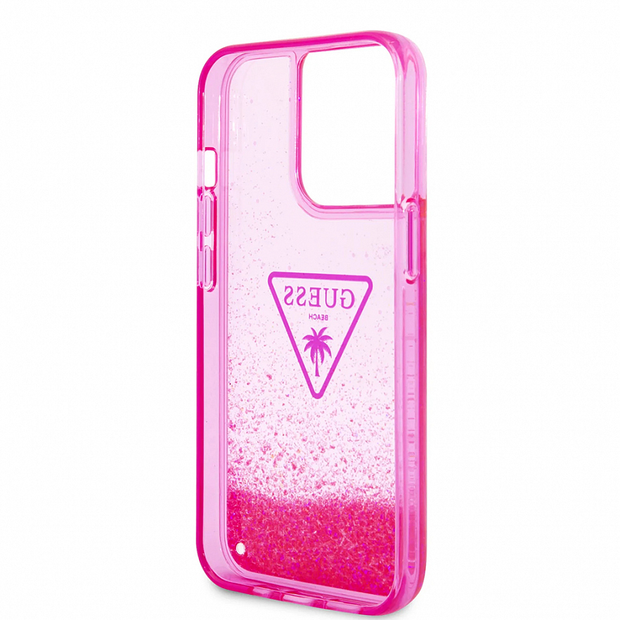 Чехол CG Mobile Guess Liquid Glitter Triangle Logo Translucent Hard для iPhone 14 Pro Max розовая фуксия