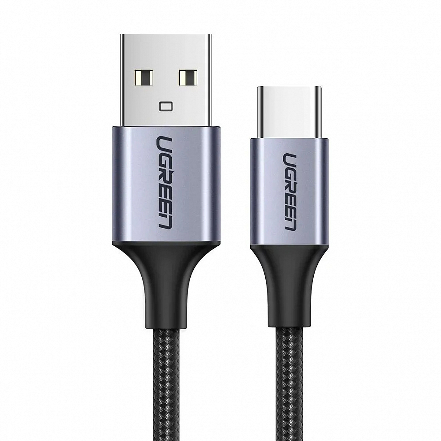 Кабель Ugreen US288 USB-A 2.0 to USB-C Cable Nickel Plating Aluminum Nylon Braid (0,5 метра) чёрный / серый космос (60125)