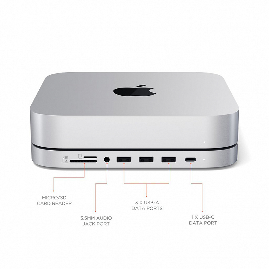 Хаб Satechi Stand & Hub USB-C / 3 x USB-A / Micro/SD / 3.5mm для Mac Mini (M1, 2020) серебристый (ST-MMSHS)