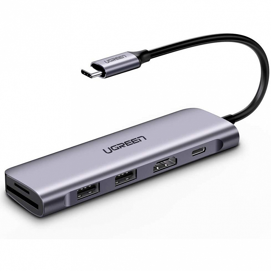 Мульти Хаб UGREEN CM195 (70411) USB-C to 2 Ports USB3.0-A Hub + HDMI + TF/SD with PD Power Supply серый космос