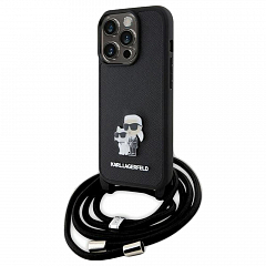 Чехол Lagerfeld для iPhone 15 Pro Crossbody PU Saffiano NFT Karl & Choupette Metal Hard Black