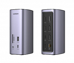 Хаб Мул UGREEN CM555 (90325) USB-C - 12 в одном (USB-A, HDMI 2-разъема, Display port -1шт, 100Вт Type-C, RJ45, audio 3.5, SD card) цвет серый космос