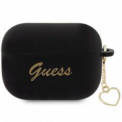 Guess для Airpods Pro 2 чехол Silicone Script logo with Heart charm Black