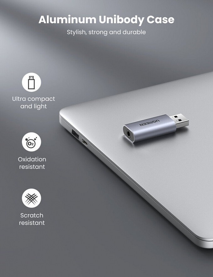 Внешняя звуковая карта UGREEN CM383 (80864) USB 2.0 to 3.5mm Audio Adapter серый