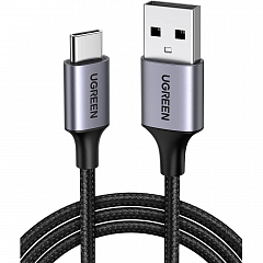 Кабель UGREEN US288 (60126) USB-A 2.0 to USB-C Cable Nickel Plating Aluminum Nylon Braid (1 метр) чёрный/серый космос