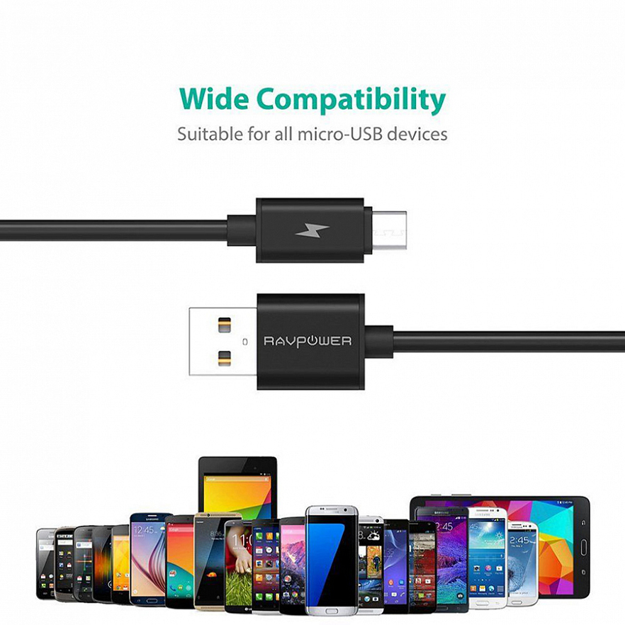 Комплект кабелей RAVPower Micro-USB (0.3 + 0.9 + 1.8 + 3 метра) чёрный (RP-LC04)