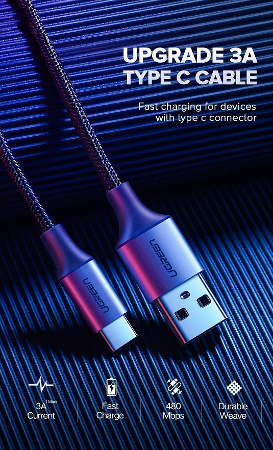 Кабель UGREEN US288 (60128) USB-A 2.0 to USB-C Cable Nickel Plating Aluminum Nylon Braid (2 метра) чёрный/серый космос