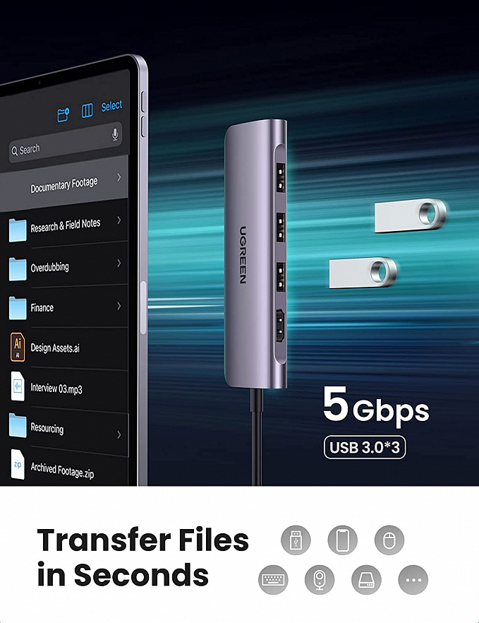 Мульти Хаб Ugreen CM195 (70410) USB-C to 3 Ports USB3.0-A Hub + HDMI + TF/SD Серый космос