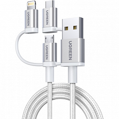 Кабель UGREEN US186 (50203) 3-in-1 USB-A 2.0 Multifuntion Cable Nylon Braid (1,5 метра) серебристый