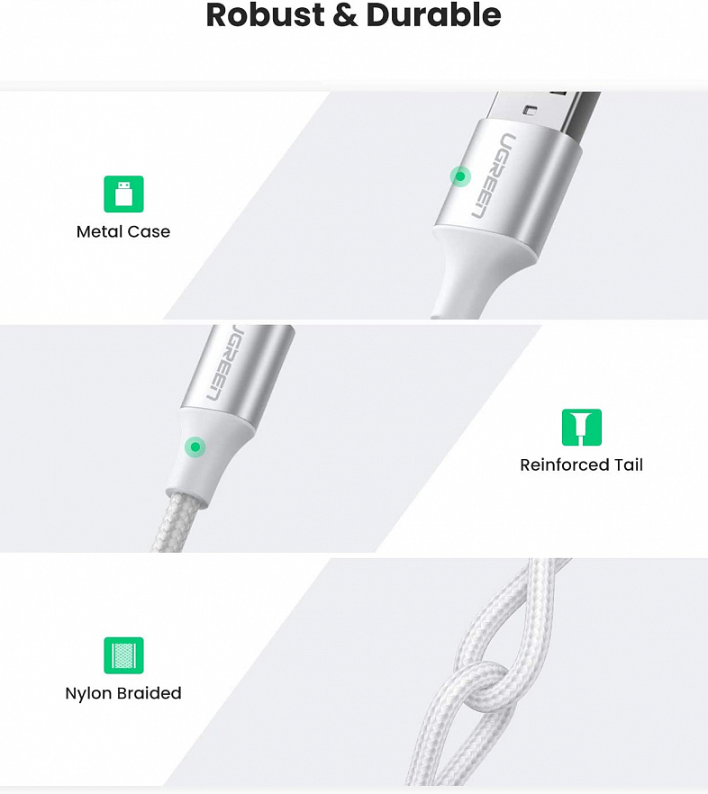 Кабель UGREEN US288 (60132) USB-A 2.0 to USB-C Cable Nickel Plating Aluminum Nylon Braid (1.5 метра) серебристый/белый