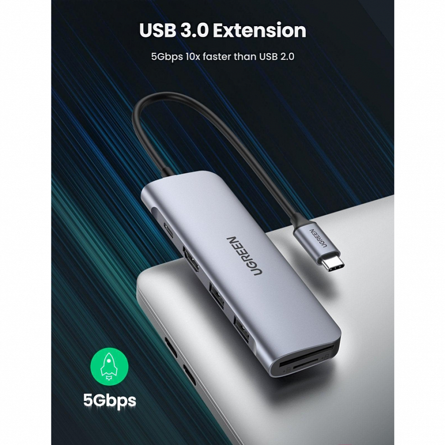 Мульти Хаб UGREEN CM195 (70411) USB-C to 2 Ports USB3.0-A Hub + HDMI + TF/SD with PD Power Supply серый космос