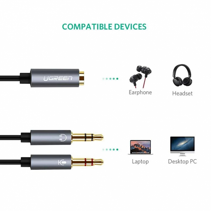 Кабель Ugreen AV140 Dual 3.5 mm Male - 3.5 mm Female 0,2 метра чёрный (20899)