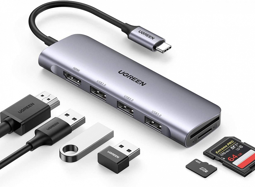 Мульти Хаб Ugreen CM195 (70410) USB-C to 3 Ports USB3.0-A Hub + HDMI + TF/SD Серый космос
