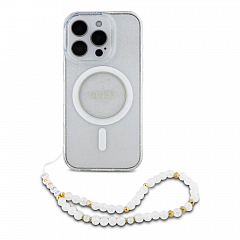 Чехол CG Mobile Guess для iPhone 16 Pro PC/TPU Glitter Hard + Pearl Hand Strap Transparent (MagSafe)