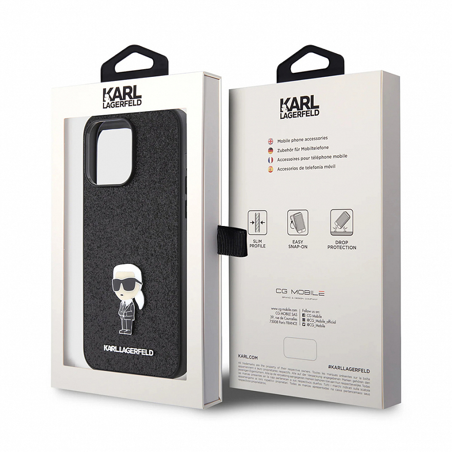 Чехол CG Mobile Lagerfeld Fixed Glitter Ikonik Logo Metal Pin для iPhone 15 Pro Max чёрный