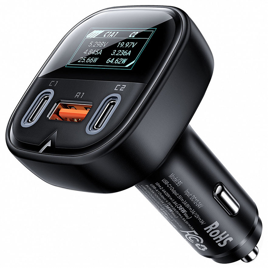 Автомобильное зарядное устройство Acefast B5 101W 2 x USB-C + USB-A Car Charger с OLED дисплеем (AF-B5-BK)