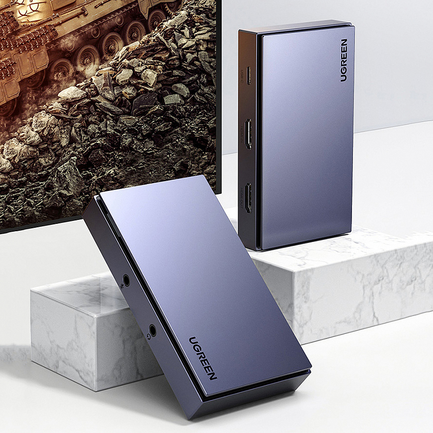 Внешняя карта видеозахвата Ugreen CM410 (10937) Audio Video Capture Card Mic+Headphone 4K/60Hz HDMI серого цвета