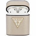 Чехол Guess Saffiano PU Leather Case Metal Logo для AirPods бежевый