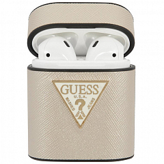 Чехол Guess Saffiano PU Leather Case Metal Logo для AirPods бежевый