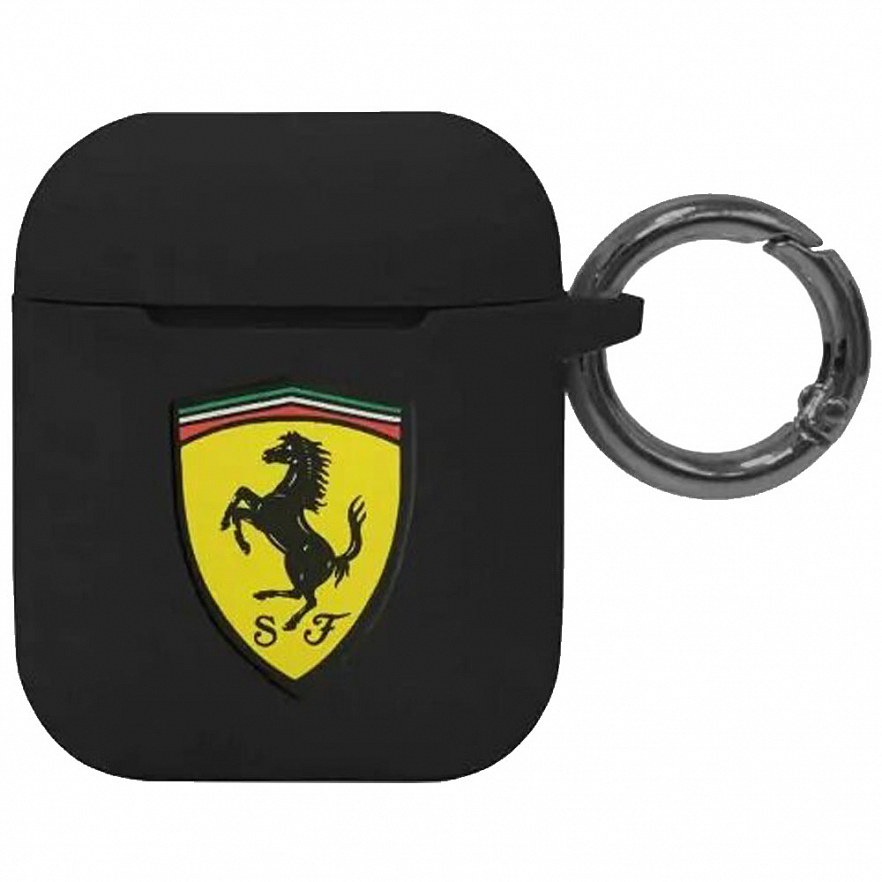 Чехол Ferrari Silicone case with ring с карабином для Airpods 1/2 чёрный