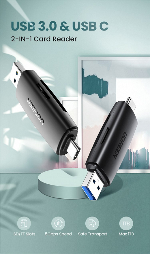 Кардридер UGREEN CM304 (80191) Multifunction USB-C+USB TF/SD 3.0 Card Reader